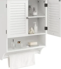 Giantex Armoire Murale de Salle de Bain avec Portes à Persiennes Porte Serviettes Armoire à Pharmacie avec étagère Réglable Blanc* Armoire De Salle De Bains|Meuble De Salle De Bains Faible Profondeur