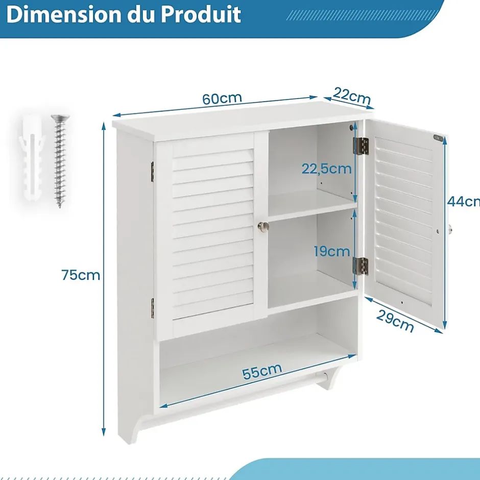 Giantex Armoire Murale de Salle de Bain avec Portes à Persiennes Porte Serviettes Armoire à Pharmacie avec étagère Réglable Blanc* Armoire De Salle De Bains|Meuble De Salle De Bains Faible Profondeur