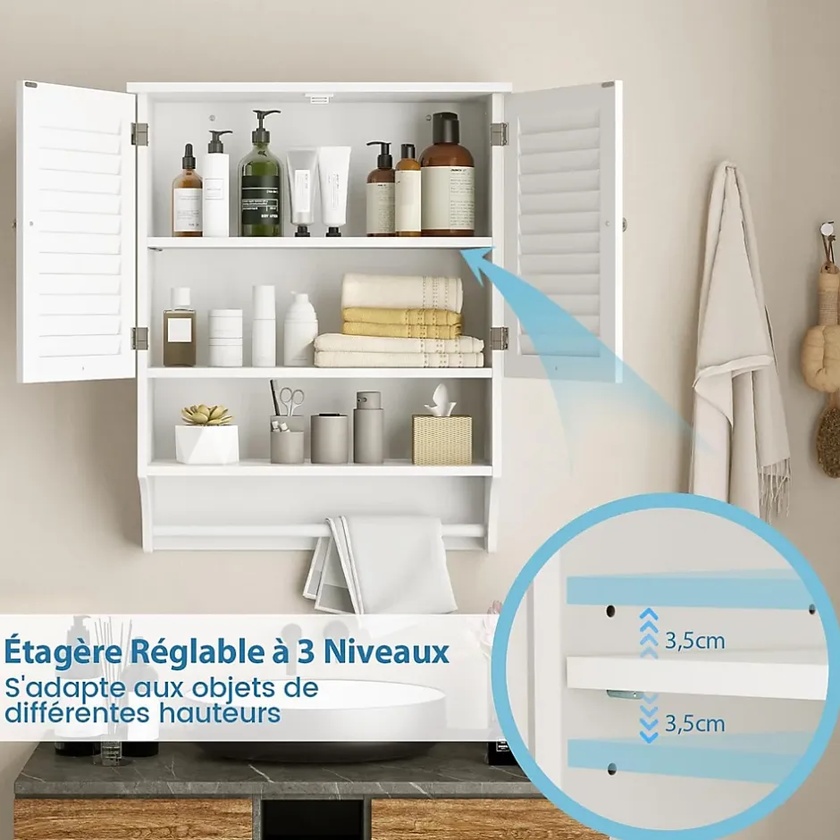 Giantex Armoire Murale de Salle de Bain avec Portes à Persiennes Porte Serviettes Armoire à Pharmacie avec étagère Réglable Blanc* Armoire De Salle De Bains|Meuble De Salle De Bains Faible Profondeur