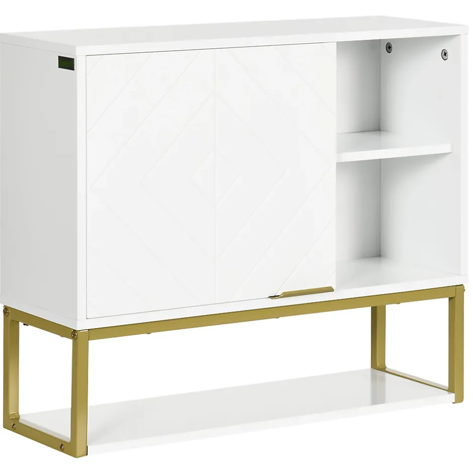 kleankin Armoire murale de salle de bain - porte, 2 étagères, 2 niches - acier doré MDF blanc* Armoire De Salle De Bains