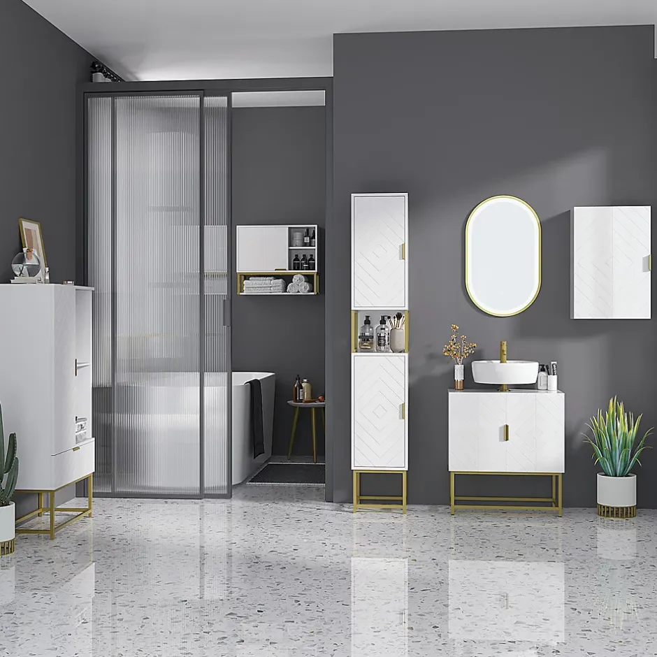kleankin Armoire murale de salle de bain - porte, 2 étagères, 2 niches - acier doré MDF blanc* Armoire De Salle De Bains
