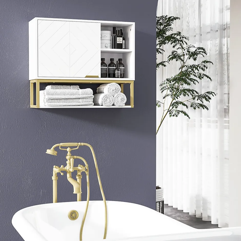 kleankin Armoire murale de salle de bain - porte, 2 étagères, 2 niches - acier doré MDF blanc* Armoire De Salle De Bains