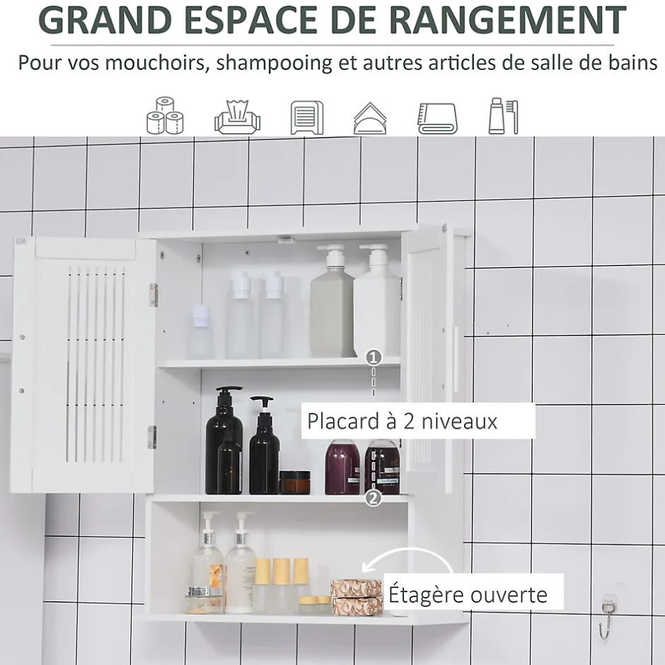 kleankin Armoire murale de salle de bain 2 portes - étagère, niche - dim. 60 x 20 x 70 cm - blanc