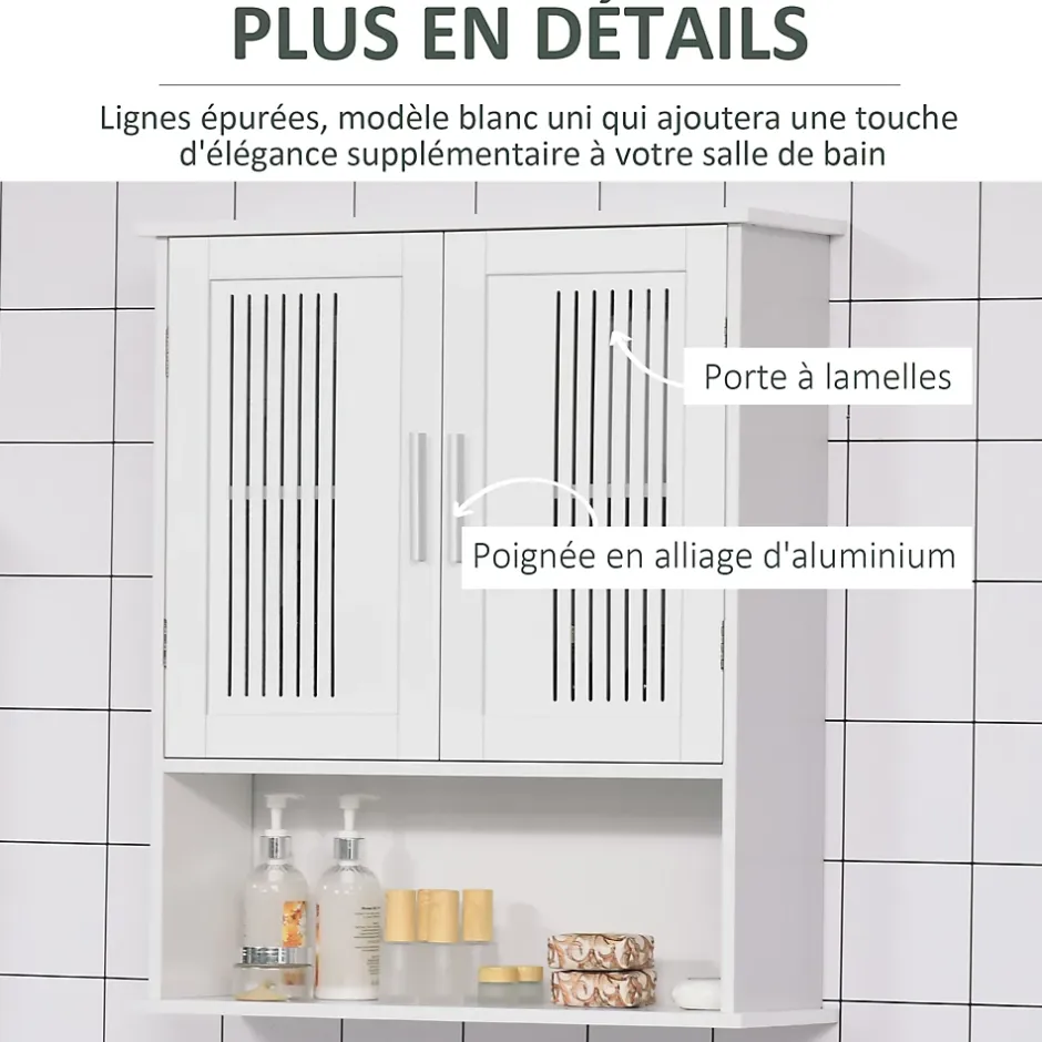 kleankin Armoire murale de salle de bain 2 portes - étagère, niche - dim. 60 x 20 x 70 cm - blanc