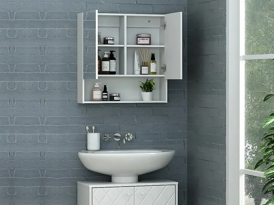 Vente-unique Armoire murale de salle de bain avec miroir et niche - Blanc - ZUMPA