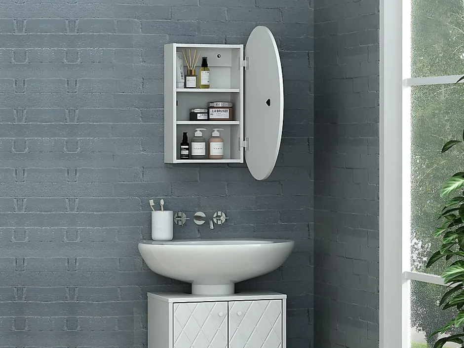 Vente-unique Armoire murale de salle de bain ovale avec miroir - Blanc - RURI