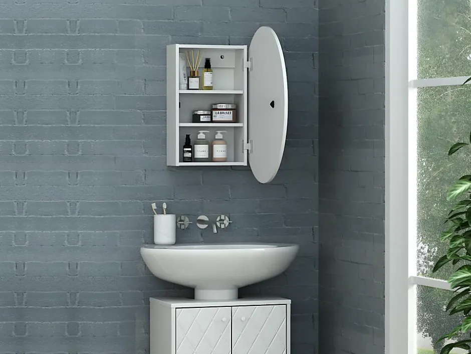 Vente-unique Armoire murale de salle de bain ovale avec miroir - Blanc - RURI