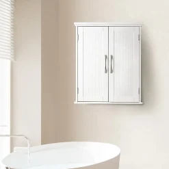 Teamson Home Armoire murale en effet bois blanc avec 2 portes et étagères* Armoire De Salle De Bains