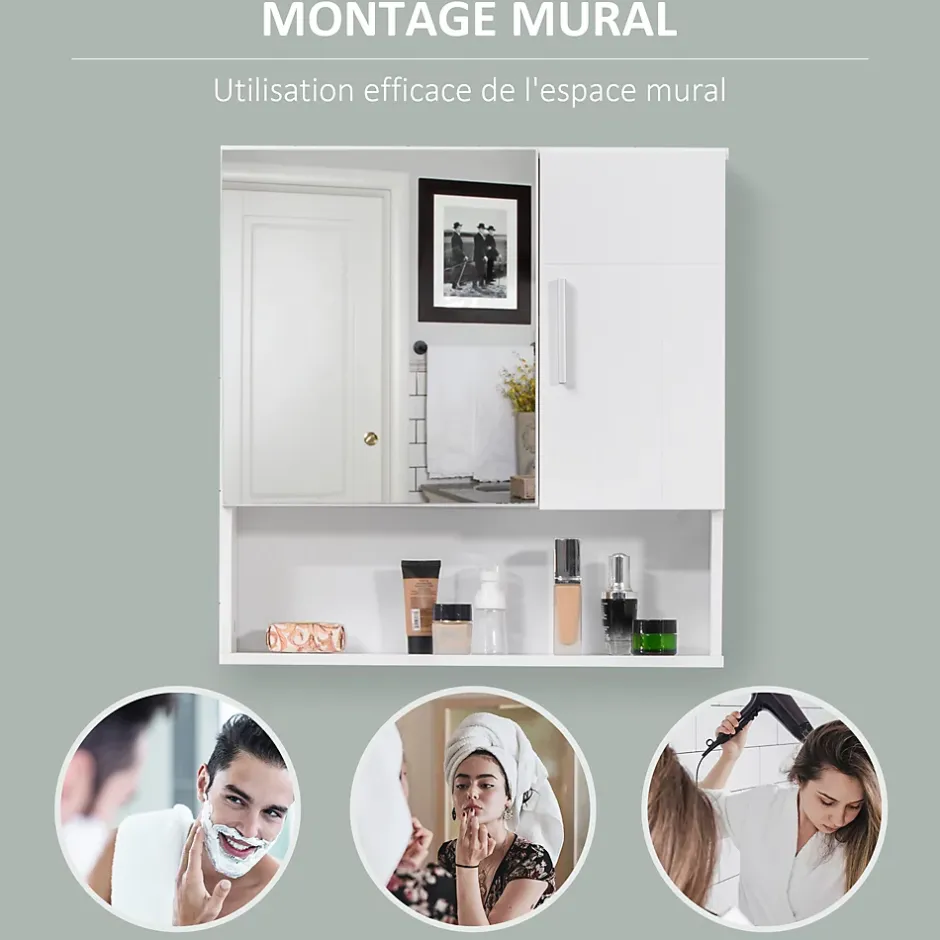 kleankin Armoire murale miroir de salle de bain - 2 portes, étagères, niche - dim. 54L x 15,2l x 55,3H cm - MDF blanc