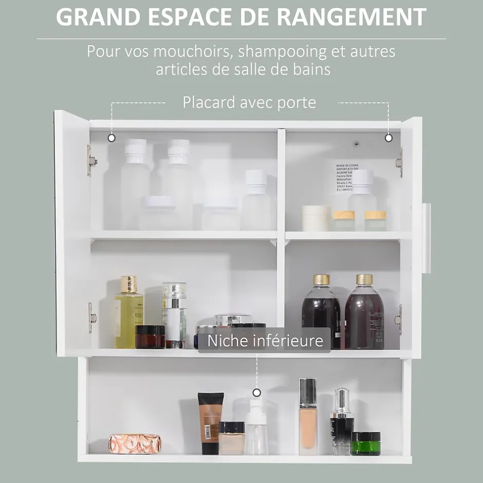 kleankin Armoire murale miroir de salle de bain - 2 portes, étagères, niche - dim. 54L x 15,2l x 55,3H cm - MDF blanc