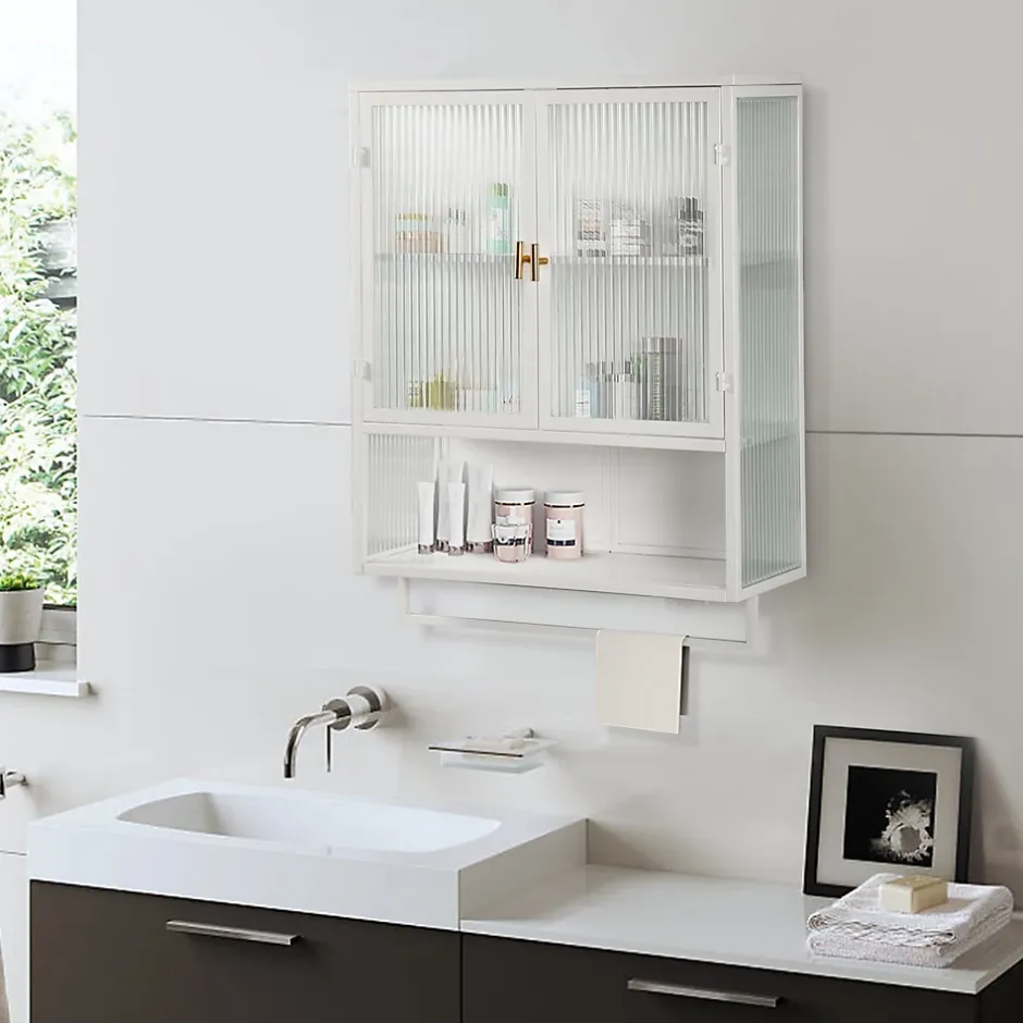 Okwish Armoire Murale Moderne avec Portes Vitrées et Porte-Serviettes, Meuble Mural avec Étagères - 60x23x78 cm - Blanc, Verre+Métal