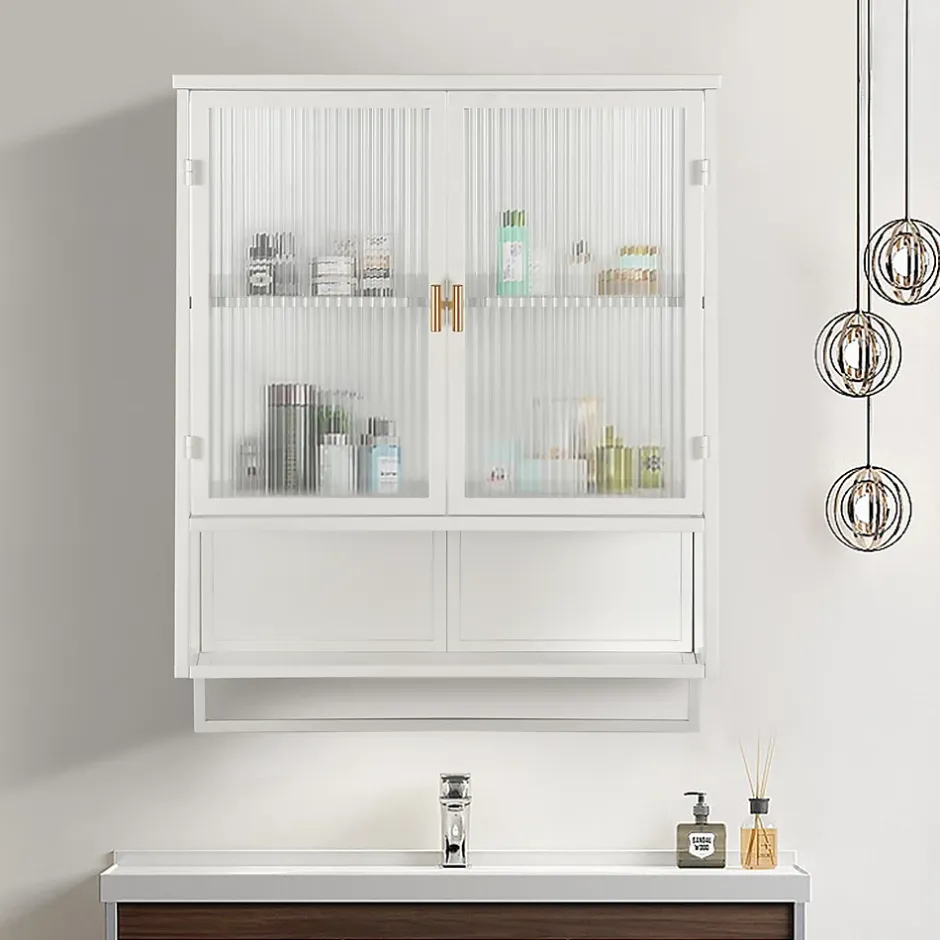 Okwish Armoire Murale Moderne avec Portes Vitrées et Porte-Serviettes, Meuble Mural avec Étagères - 60x23x78 cm - Blanc, Verre+Métal