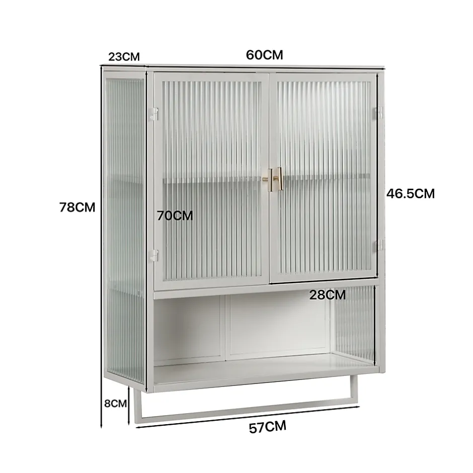 Okwish Armoire Murale Moderne avec Portes Vitrées et Porte-Serviettes, Meuble Mural avec Étagères - 60x23x78 cm - Blanc, Verre+Métal