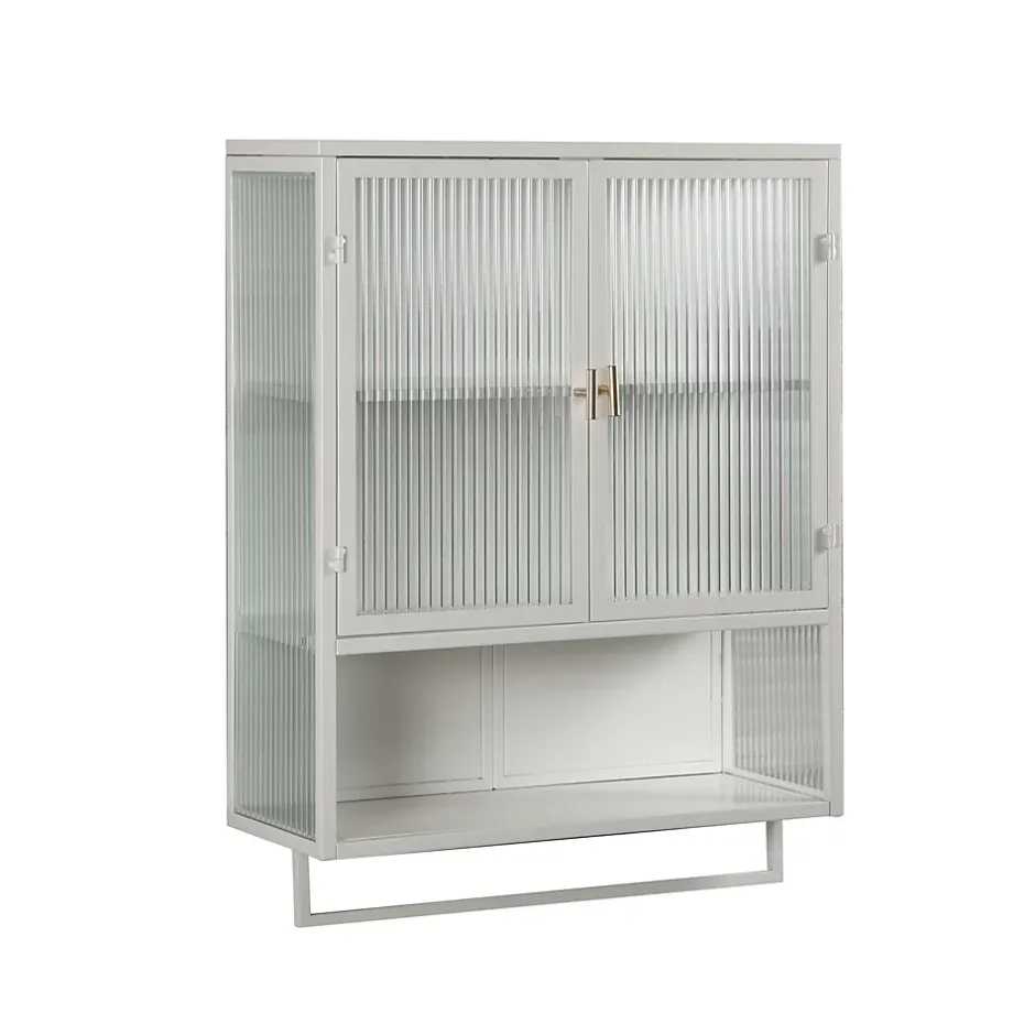 Okwish Armoire Murale Moderne avec Portes Vitrées et Porte-Serviettes, Meuble Mural avec Étagères - 60x23x78 cm - Blanc, Verre+Métal