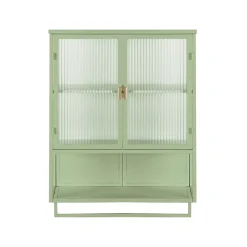 Okwish Armoire Murale Moderne avec Portes Vitrées et Porte-Serviettes, Meuble Mural avec Étagères - 60x23x78 cm - Vert, Verre+Métal* Armoire De Salle De Bains