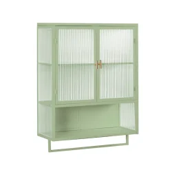 Okwish Armoire Murale Moderne avec Portes Vitrées et Porte-Serviettes, Meuble Mural avec Étagères - 60x23x78 cm - Vert, Verre+Métal* Armoire De Salle De Bains