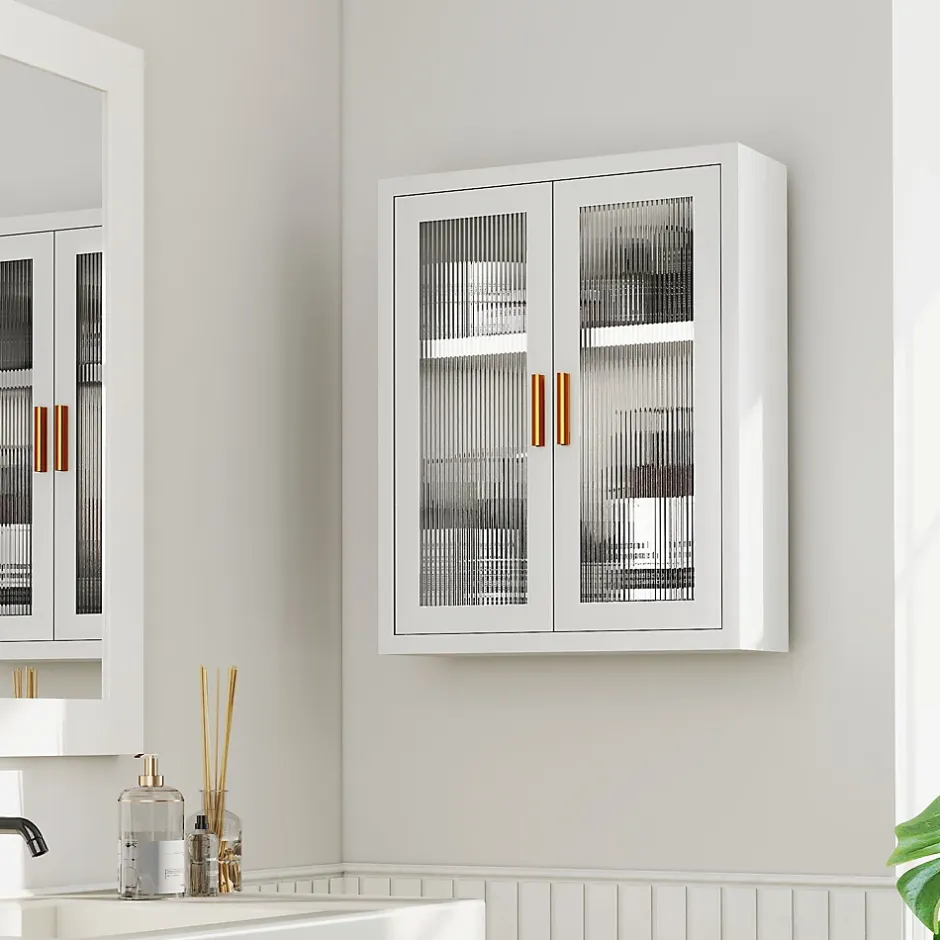 Homcom Armoire murale métal salle de bain étagère 2 portes acrylique cannelé 40 x 14 x 50 cm blanc doré