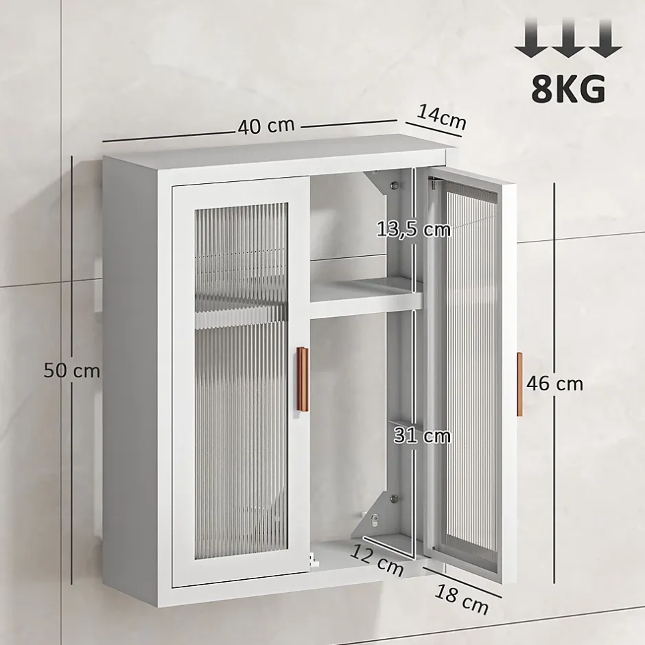 Homcom Armoire murale métal salle de bain étagère 2 portes acrylique cannelé 40 x 14 x 50 cm blanc doré