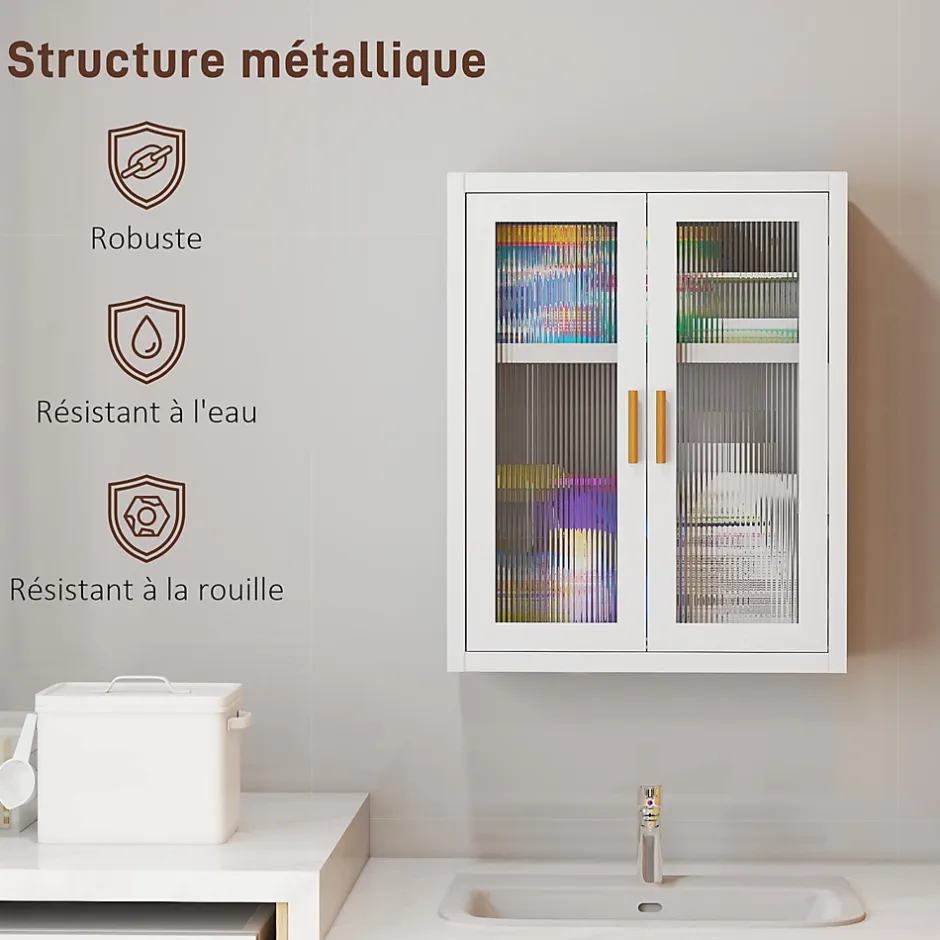 Homcom Armoire murale métal salle de bain étagère 2 portes acrylique cannelé 40 x 14 x 50 cm blanc doré