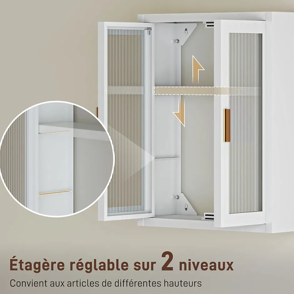 Homcom Armoire murale métal salle de bain étagère 2 portes acrylique cannelé 40 x 14 x 50 cm blanc doré