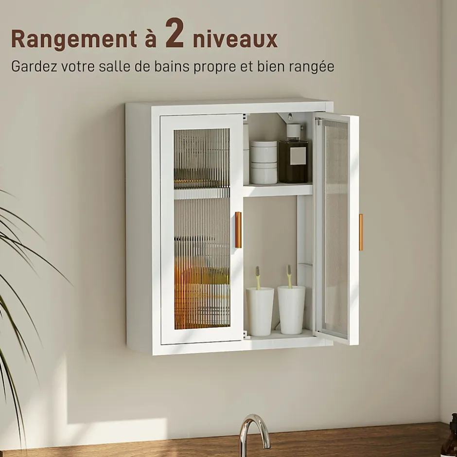 Homcom Armoire murale métal salle de bain étagère 2 portes acrylique cannelé 40 x 14 x 50 cm blanc doré