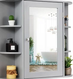 Giantex Armoire Murale pour Salle de Bain 10 Etageres avec Miroir Plusieurs Tablettes de Differentes Tailles 65 x 17 x 63CM Gris* Meuble De Salle De Bains Faible Profondeur|Armoire De Salle De Bains