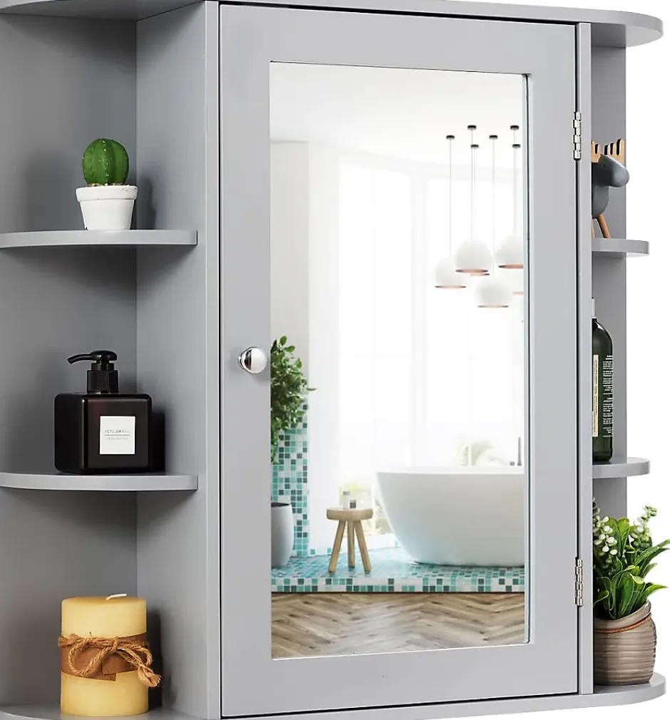 Giantex Armoire Murale pour Salle de Bain 10 Etageres avec Miroir Plusieurs Tablettes de Differentes Tailles 65 x 17 x 63CM Gris* Meuble De Salle De Bains Faible Profondeur|Armoire De Salle De Bains