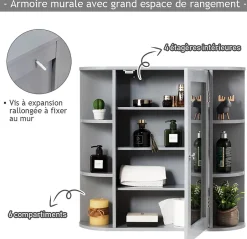 Giantex Armoire Murale pour Salle de Bain 10 Etageres avec Miroir Plusieurs Tablettes de Differentes Tailles 65 x 17 x 63CM Gris* Meuble De Salle De Bains Faible Profondeur|Armoire De Salle De Bains