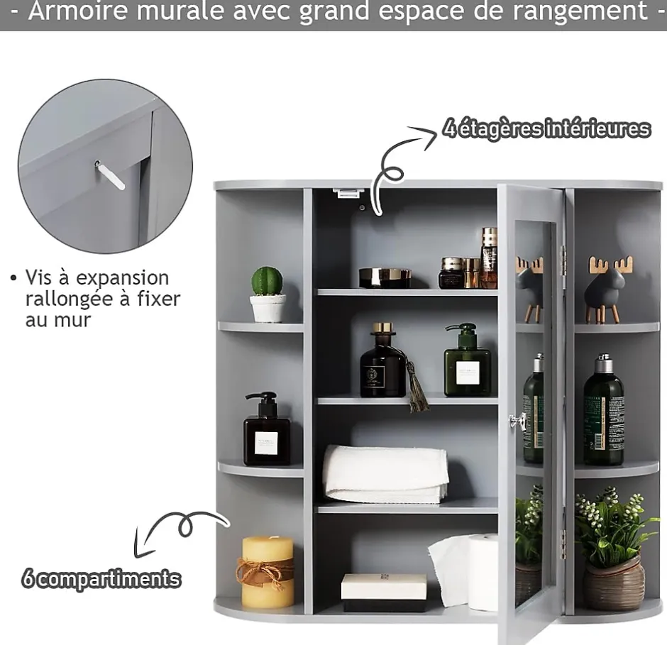 Giantex Armoire Murale pour Salle de Bain 10 Etageres avec Miroir Plusieurs Tablettes de Differentes Tailles 65 x 17 x 63CM Gris* Meuble De Salle De Bains Faible Profondeur|Armoire De Salle De Bains