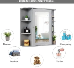 Giantex Armoire Murale pour Salle de Bain 10 Etageres avec Miroir Plusieurs Tablettes de Differentes Tailles 65 x 17 x 63CM Gris* Meuble De Salle De Bains Faible Profondeur|Armoire De Salle De Bains