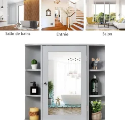 Giantex Armoire Murale pour Salle de Bain 10 Etageres avec Miroir Plusieurs Tablettes de Differentes Tailles 65 x 17 x 63CM Gris* Meuble De Salle De Bains Faible Profondeur|Armoire De Salle De Bains