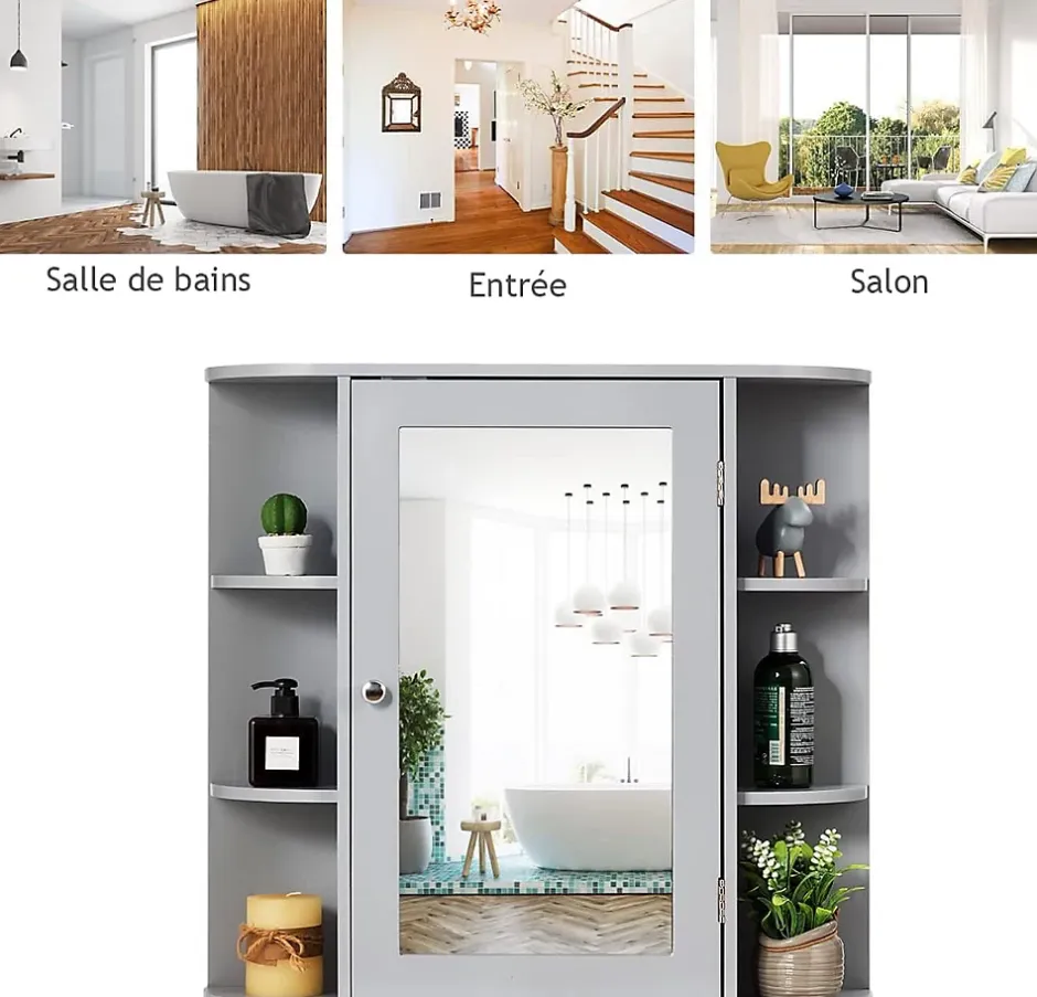 Giantex Armoire Murale pour Salle de Bain 10 Etageres avec Miroir Plusieurs Tablettes de Differentes Tailles 65 x 17 x 63CM Gris* Meuble De Salle De Bains Faible Profondeur|Armoire De Salle De Bains