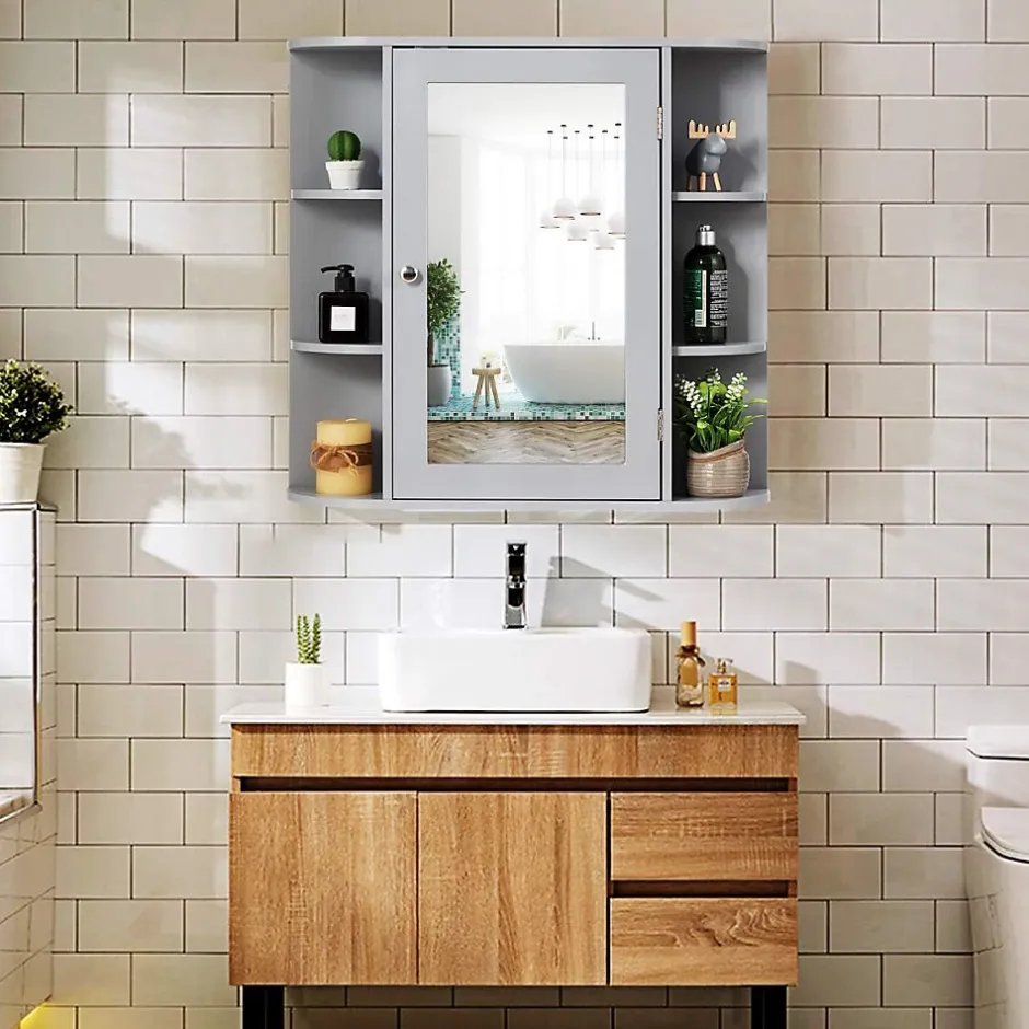 Giantex Armoire Murale pour Salle de Bain 10 Etageres avec Miroir Plusieurs Tablettes de Differentes Tailles 65 x 17 x 63CM Gris* Meuble De Salle De Bains Faible Profondeur|Armoire De Salle De Bains