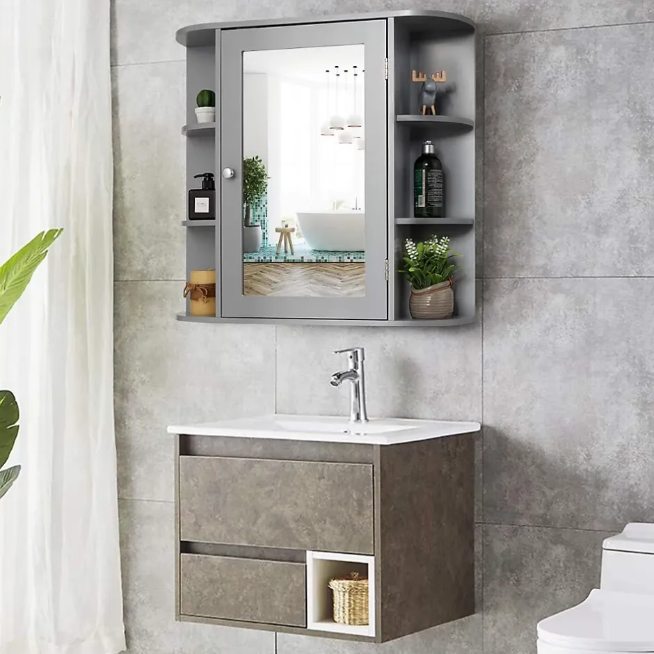 Giantex Armoire Murale pour Salle de Bain 10 Etageres avec Miroir Plusieurs Tablettes de Differentes Tailles 65 x 17 x 63CM Gris* Meuble De Salle De Bains Faible Profondeur|Armoire De Salle De Bains