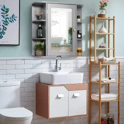 Giantex Armoire Murale pour Salle de Bain 10 Etageres avec Miroir Plusieurs Tablettes de Differentes Tailles 65 x 17 x 63CM Gris* Meuble De Salle De Bains Faible Profondeur|Armoire De Salle De Bains