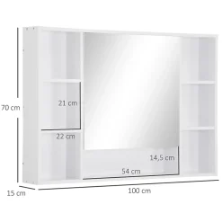 kleankin Armoire murale salle de bain avec miroir - 7 niches, étagère - 100 x 15 x 70 cm - MDF blanc* Armoire De Toilette