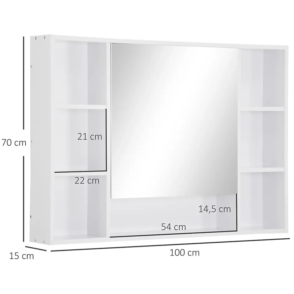 kleankin Armoire murale salle de bain avec miroir - 7 niches, étagère - 100 x 15 x 70 cm - MDF blanc* Armoire De Toilette