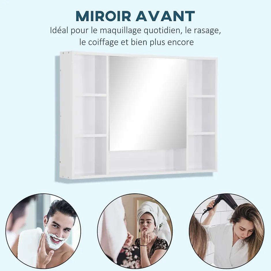 kleankin Armoire murale salle de bain avec miroir - 7 niches, étagère - 100 x 15 x 70 cm - MDF blanc* Armoire De Toilette