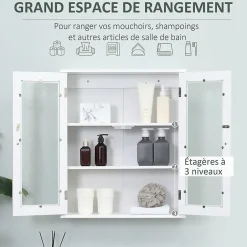 kleankin Armoire murale salle de bain 2 portes vitrées 2 étagères 55 x 20 x 65 cm blanc* Armoire De Salle De Bains