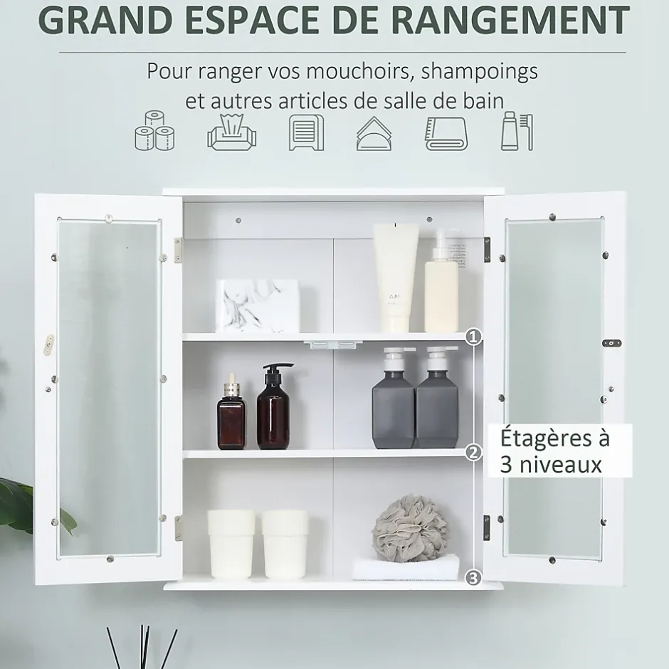 kleankin Armoire murale salle de bain 2 portes vitrées 2 étagères 55 x 20 x 65 cm blanc* Armoire De Salle De Bains