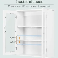kleankin Armoire murale salle de bain 2 portes vitrées 2 étagères 55 x 20 x 65 cm blanc* Armoire De Salle De Bains