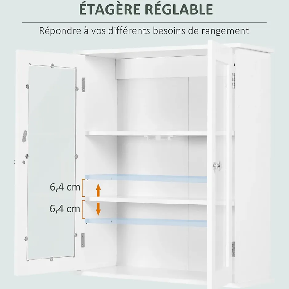 kleankin Armoire murale salle de bain 2 portes vitrées 2 étagères 55 x 20 x 65 cm blanc* Armoire De Salle De Bains