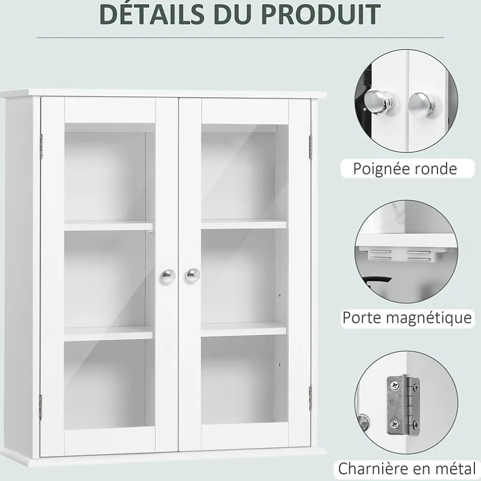 kleankin Armoire murale salle de bain 2 portes vitrées 2 étagères 55 x 20 x 65 cm blanc* Armoire De Salle De Bains