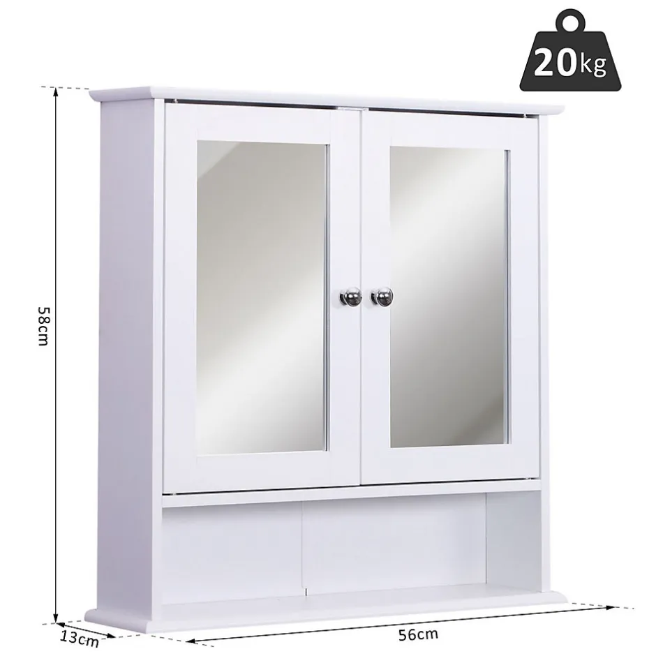 Homcom Armoire murale étagère salle de bain 56L x 13l x 58H cm double porte miroir étagère réglable MDF blanc* Armoire De Salle De Bains