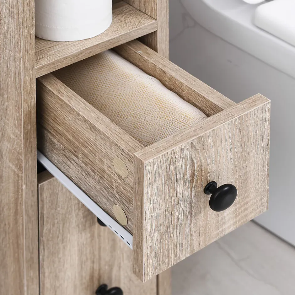kleankin Armoire pour papier toilette - porte-papier toilette - 3 niveaux + sortie papier - aspect chêne clair