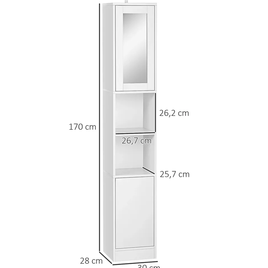 kleankin Armoire salle de bain, meuble de rangement colonne avec miroir, 2 portes, étagères réglables, 30x28x170cm, blanc* Colonne De Salle De Bains