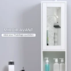 kleankin Armoire salle de bain, meuble de rangement colonne avec miroir, 2 portes, étagères réglables, 30x28x170cm, blanc* Colonne De Salle De Bains