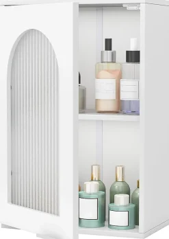 Giantex Armoire Salle de Bain,avec Porte en Verre Trempé Canne, au-Dessus des Toilettes avec Étagère Réglable pour Salon Buanderie, Blanc