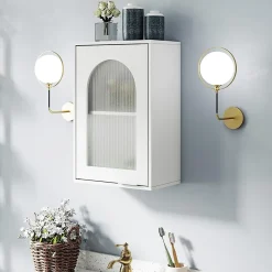 Giantex Armoire Salle de Bain,avec Porte en Verre Trempé Canne, au-Dessus des Toilettes avec Étagère Réglable pour Salon Buanderie, Blanc