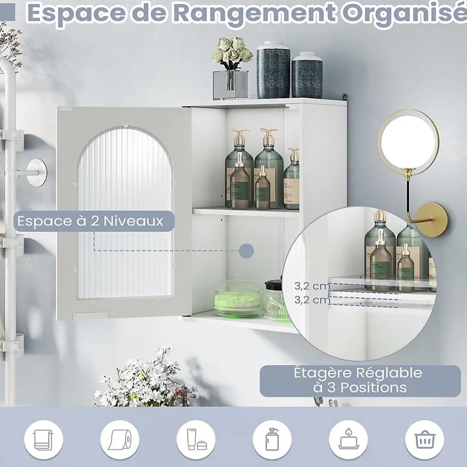 Giantex Armoire Salle de Bain,avec Porte en Verre Trempé Canne, au-Dessus des Toilettes avec Étagère Réglable pour Salon Buanderie, Blanc